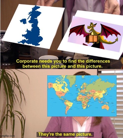 The UK looks like a dragon IMO. | image tagged in memes,they're the same picture,dragon,uk,rawr,funny memes | made w/ Imgflip meme maker