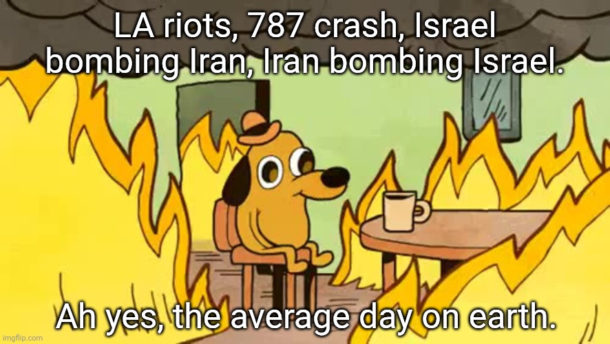"What's next?," I said to myself. | LA riots, 787 crash, Israel bombing Iran, Iran bombing Israel. Ah yes, the average day on earth. | image tagged in everythings-fine | made w/ Imgflip meme maker