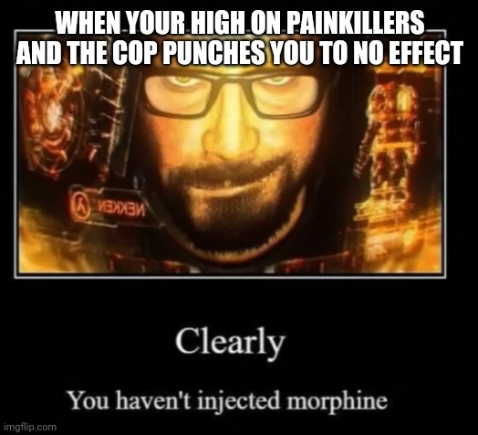 Clearly, you haven't injected morphine | WHEN YOUR HIGH ON PAINKILLERS AND THE COP PUNCHES YOU TO NO EFFECT | image tagged in clearly you haven't injected morphine | made w/ Imgflip meme maker
