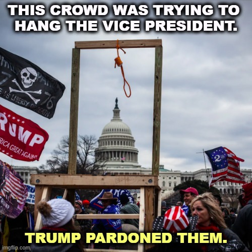 These people hurt a lot more cops than Californians did. | THIS CROWD WAS TRYING TO 
HANG THE VICE PRESIDENT. TRUMP PARDONED THEM. | image tagged in capitol riot insurrection coup mike pence gallows noose hanging,trump,mob,mike pence,gallows,conservative hypocrisy | made w/ Imgflip meme maker