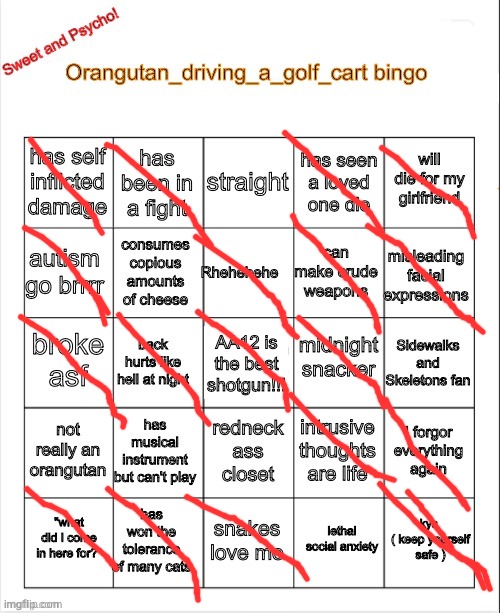 I'm an orangutan | image tagged in orangutan_driving_a_golf_cart bingo | made w/ Imgflip meme maker