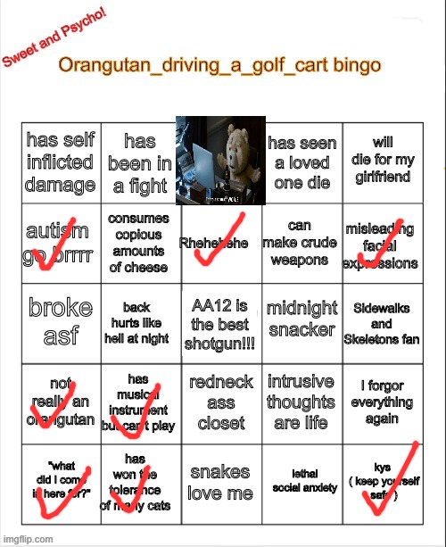 New bingo =D | image tagged in orangutan_driving_a_golf_cart bingo | made w/ Imgflip meme maker