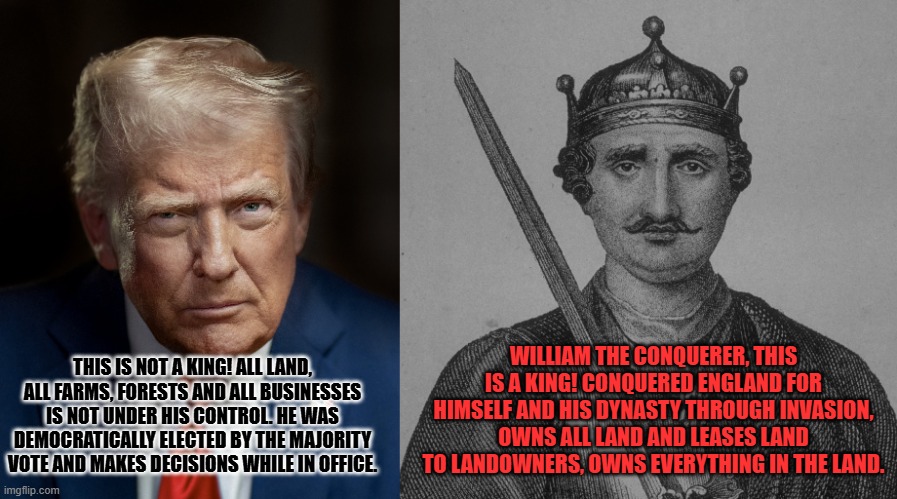 um, the NO KINGS protests....do they actually know what a King actually is??? | WILLIAM THE CONQUERER, THIS IS A KING! CONQUERED ENGLAND FOR HIMSELF AND HIS DYNASTY THROUGH INVASION, OWNS ALL LAND AND LEASES LAND TO LANDOWNERS, OWNS EVERYTHING IN THE LAND. THIS IS NOT A KING! ALL LAND, ALL FARMS, FORESTS AND ALL BUSINESSES IS NOT UNDER HIS CONTROL. HE WAS DEMOCRATICALLY ELECTED BY THE MAJORITY VOTE AND MAKES DECISIONS WHILE IN OFFICE. | image tagged in no kings,trump,protests,activists | made w/ Imgflip meme maker