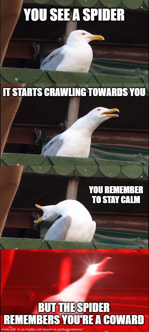 Resuming After Fit | YOU SEE A SPIDER; IT STARTS CRAWLING TOWARDS YOU; YOU REMEMBER TO STAY CALM; BUT THE SPIDER REMEMBERS YOU'RE A COWARD | image tagged in inhaling seagull,w/ truth,f/ followers,b/ memer,o/ dark-humour,c/ art | made w/ Imgflip meme maker