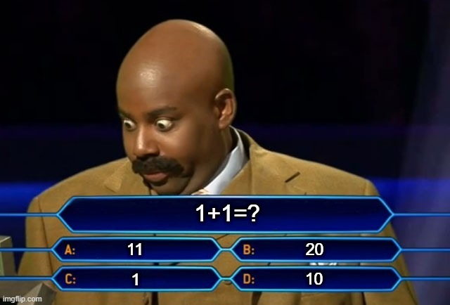Who wants to be a millionaire? | 1+1=? 11; 20; 1; 10 | image tagged in who wants to be a millionaire | made w/ Imgflip meme maker
