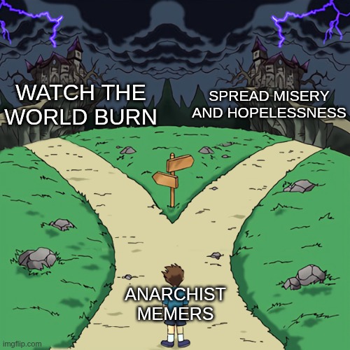 Two paths | WATCH THE WORLD BURN; SPREAD MISERY AND HOPELESSNESS; ANARCHIST MEMERS | image tagged in two paths | made w/ Imgflip meme maker