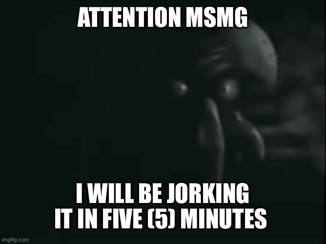 @THP | ATTENTION MSMG; I WILL BE JORKING IT IN FIVE (5) MINUTES | image tagged in squidward staring | made w/ Imgflip meme maker