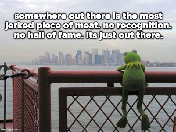 pensive reflecting thoughtful kermit on bridge | somewhere out there is the most jerked piece of meat. no recognition. no hall of fame. its just out there. | image tagged in pensive reflecting thoughtful kermit on bridge | made w/ Imgflip meme maker