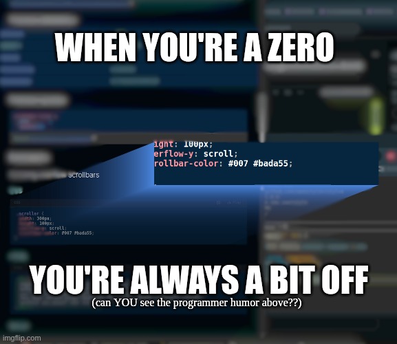 what language? <VERY long pause> java! | WHEN YOU'RE A ZERO; YOU'RE ALWAYS A BIT OFF; (can YOU see the programmer humor above??) | image tagged in programming,programmerjokes,coding,coders,student life | made w/ Imgflip meme maker