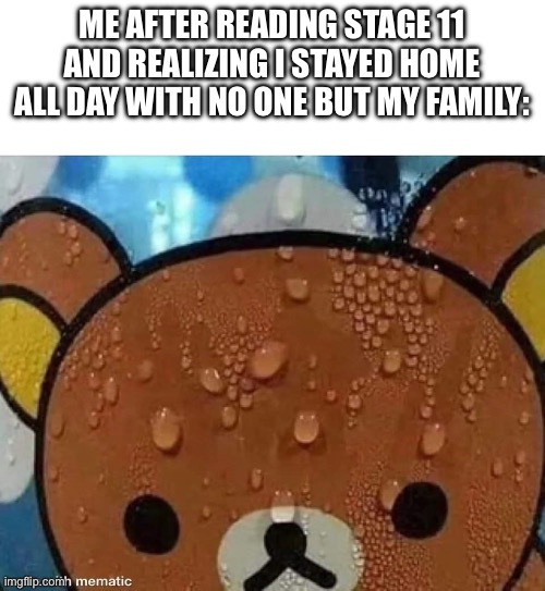 Sweating bear | ME AFTER READING STAGE 11 AND REALIZING I STAYED HOME ALL DAY WITH NO ONE BUT MY FAMILY: | image tagged in sweating bear | made w/ Imgflip meme maker