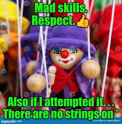 Mad skills.
Respect.? Also if I attempted it. . .
There are no strings on * | image tagged in marionette | made w/ Imgflip meme maker