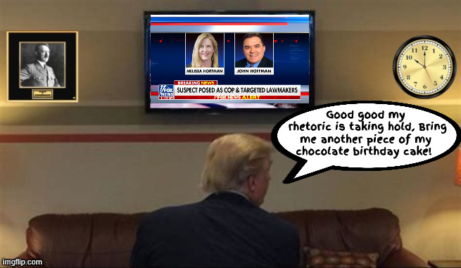 Trump's top agenda | Good good my
 rhetoric is taking hold, Bring me another piece of my
 chocolate birthday cake! | image tagged in trump's top agenda,maga murder,not a word of comfort,dictrators birthday,antichrist,insurrection act | made w/ Imgflip meme maker