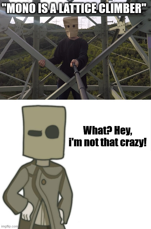 Mono isn't the lattice climber | ''MONO IS A LATTICE CLIMBER''; What? Hey, i'm not that crazy! | image tagged in creepypasta,mono,climbing,lattice climbing,climber,little nightmares | made w/ Imgflip meme maker