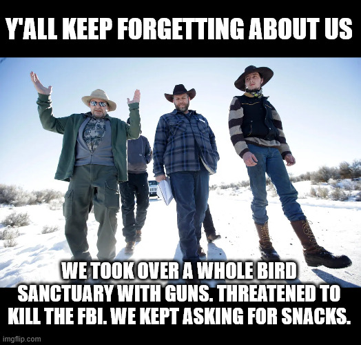 Y'ALL KEEP FORGETTING ABOUT US WE TOOK OVER A WHOLE BIRD SANCTUARY WITH GUNS. THREATENED TO KILL THE FBI. WE KEPT ASKING FOR SNACKS. | made w/ Imgflip meme maker
