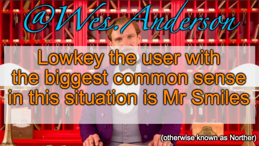 He is actually unbiased, he has good arguments, and he even convinced me to change my mind about some things | Lowkey the user with the biggest common sense in this situation is Mr Smiles | image tagged in wes anderson temp | made w/ Imgflip meme maker