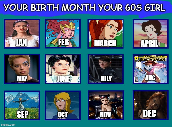 your birth month your 60s girl | YOUR BIRTH MONTH YOUR 60S GIRL; FEB; JAN; MARCH; APRIL; AUG; MAY; JULY; JUNE; DEC; SEP; NOV; OCT | image tagged in top 12 in-betweens of movies/tv,1960s,your birth month,marvel,mary poppins,dc comics | made w/ Imgflip meme maker