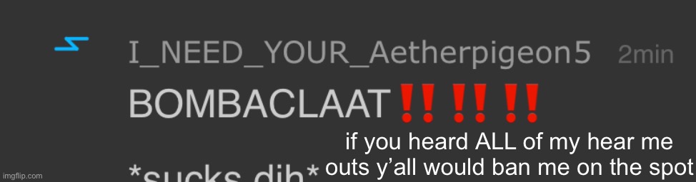 BOMBACLAAT!!!!!! | if you heard ALL of my hear me outs y’all would ban me on the spot | image tagged in bombaclaat | made w/ Imgflip meme maker