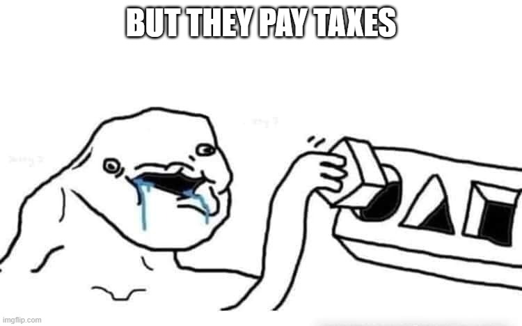 Stupid dumb drooling puzzle | BUT THEY PAY TAXES | image tagged in stupid dumb drooling puzzle | made w/ Imgflip meme maker