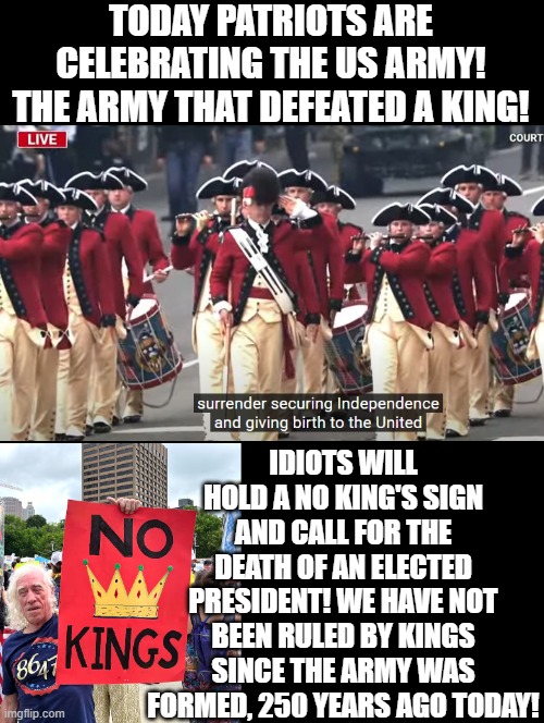 We have not been ruled by kings for 250 years! Thank you! US Army! | TODAY PATRIOTS ARE CELEBRATING THE US ARMY! THE ARMY THAT DEFEATED A KING! IDIOTS WILL HOLD A NO KING'S SIGN AND CALL FOR THE DEATH OF AN ELECTED PRESIDENT! WE HAVE NOT BEEN RULED BY KINGS SINCE THE ARMY WAS FORMED, 250 YEARS AGO TODAY! | image tagged in patriots,the patriot | made w/ Imgflip meme maker
