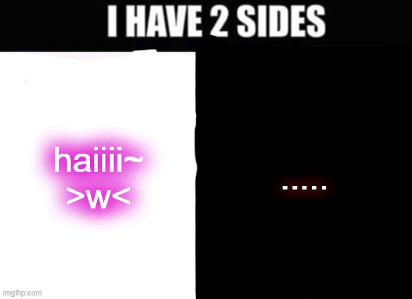 just wanted to make this rq- | ..... haiiii~ >w< | image tagged in i have 2 sides,sans of topic | made w/ Imgflip meme maker