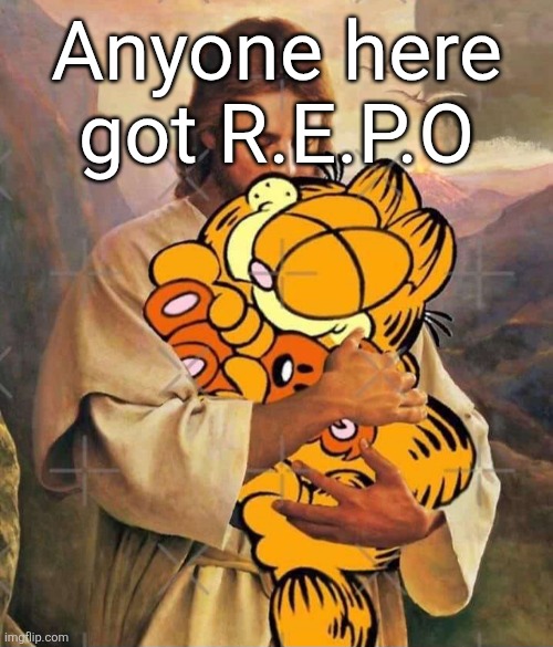 Jesus and Garfield | Anyone here got R.E.P.O | image tagged in jesus and garfield | made w/ Imgflip meme maker