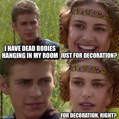 Bodies | I HAVE DEAD BODIES HANGING IN MY ROOM; JUST FOR DECORATION? FOR DECORATION, RIGHT? | image tagged in anakin padme 4 panel,dead | made w/ Imgflip meme maker