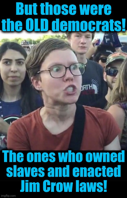 But those were
the OLD democrats! The ones who owned
slaves and enacted
Jim Crow laws! | image tagged in triggered feminist,blank black | made w/ Imgflip meme maker