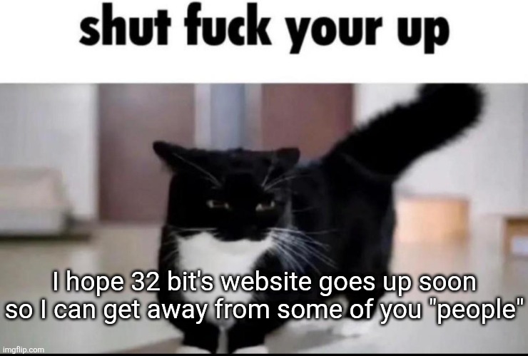 shut fuck your up | I hope 32 bit's website goes up soon so I can get away from some of you "people" | image tagged in shut fuck your up | made w/ Imgflip meme maker