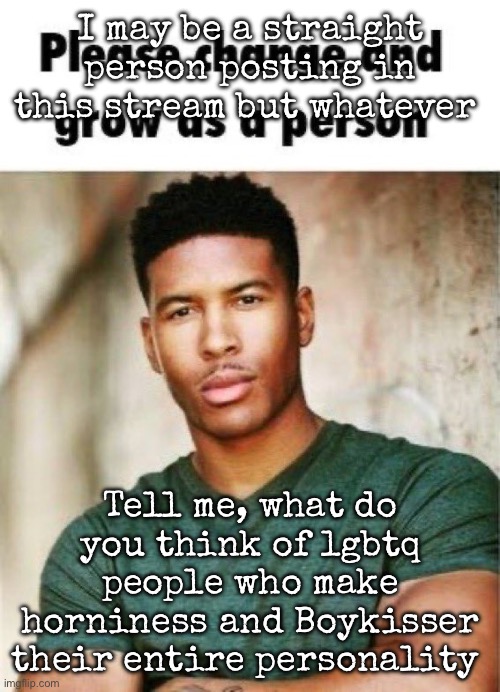 I don’t care what you say, I find it VERY uncomfortable (Ada: we're cool with the straights if they're cool with us) | I may be a straight person posting in this stream but whatever; Tell me, what do you think of lgbtq people who make horniness and Boykisser their entire personality | image tagged in please change and grow as a person,lgbtq | made w/ Imgflip meme maker