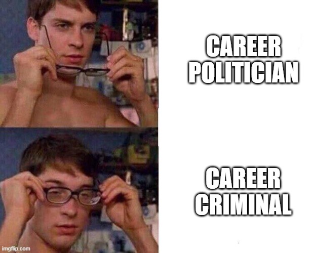 Spiderman Glasses | CAREER POLITICIAN CAREER CRIMINAL | image tagged in spiderman glasses | made w/ Imgflip meme maker