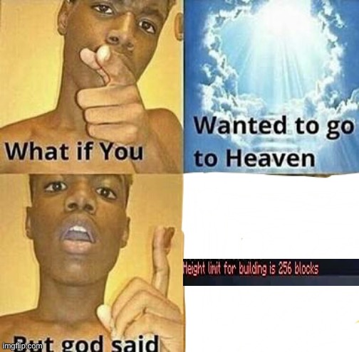 can't build up there bro | image tagged in what if you wanted to go to heaven,minecraft,building,gaming,heaven,why are you reading the tags | made w/ Imgflip meme maker