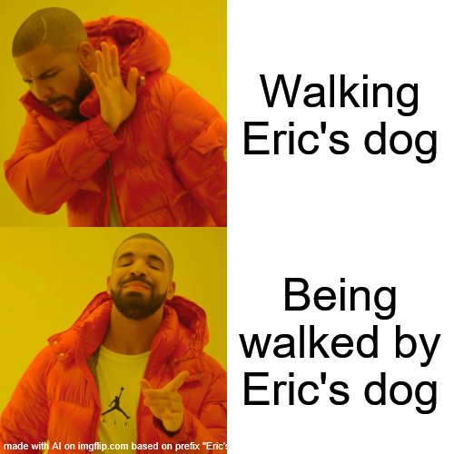 low quality ai meme | Walking Eric's dog; Being walked by Eric's dog | image tagged in memes,drake hotline bling | made w/ Imgflip meme maker