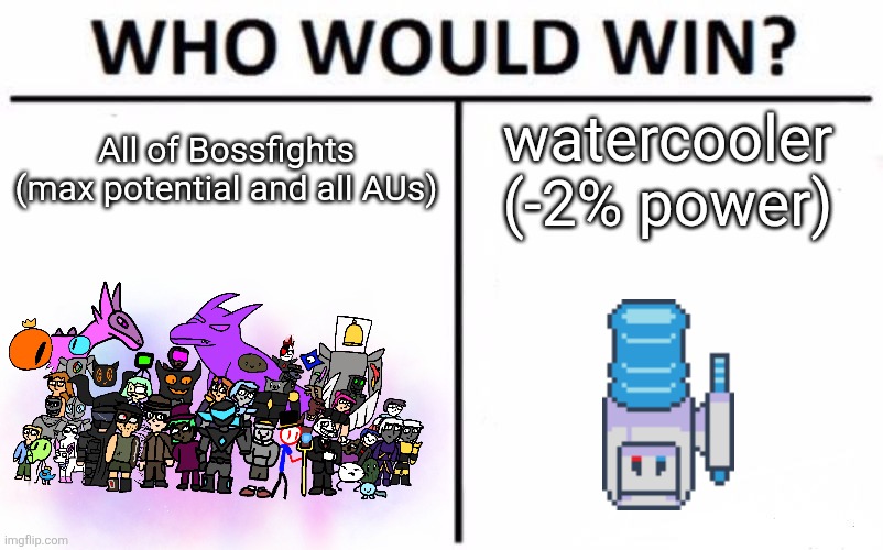 It's gonna be a bloodbath (and watercooler doesn't have blood) | All of Bossfights (max potential and all AUs); watercooler (-2% power) | image tagged in memes,who would win | made w/ Imgflip meme maker