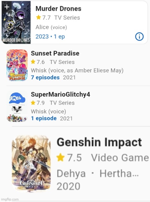 Amber May Voiced Alice (Murder Drones), Whisk (Sunset Paradise, SMG4) And Dehya (Genshin Impact) | image tagged in same voice actor,oh wow are you actually reading these tags | made w/ Imgflip meme maker