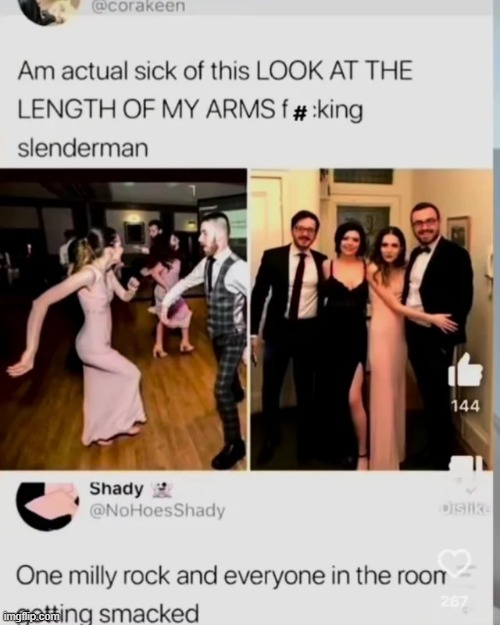 image tagged in arms,long,milly rock,smack | made w/ Imgflip meme maker