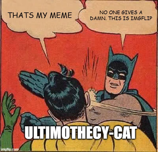 THATS MY MEME NO ONE GIVES A DAMN. THIS IS IMGFLIP ULTIMOTHECY-CAT | image tagged in memes,batman slapping robin | made w/ Imgflip meme maker