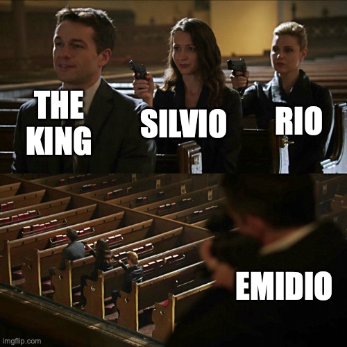 another Ikepri meme, this time for Benitoite... | THE KING; RIO; SILVIO; EMIDIO | image tagged in assassination chain | made w/ Imgflip meme maker