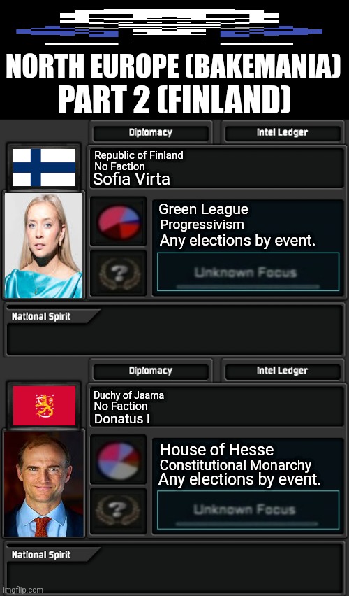 NORTH EUROPE (BAKEMANIA); PART 2 (FINLAND); Republic of Finland; No Faction; Sofia Virta; Green League; Progressivism; Any elections by event. Duchy of Jaama; No Faction; Donatus I; House of Hesse; Constitutional Monarchy; Any elections by event. | image tagged in memes,finland,king | made w/ Imgflip meme maker