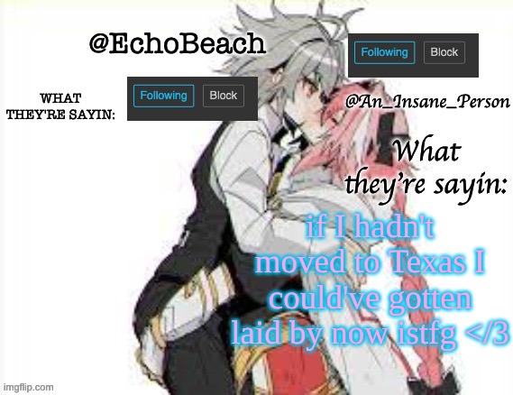 EchoBeach and InsanePerson shared temp :3 | if I hadn't moved to Texas I could've gotten laid by now istfg </3 | image tagged in echobeach and insaneperson shared temp 3 | made w/ Imgflip meme maker