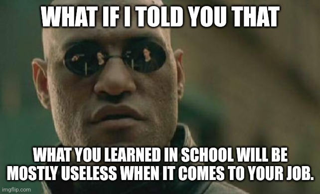 Matrix Morpheus | WHAT IF I TOLD YOU THAT; WHAT YOU LEARNED IN SCHOOL WILL BE MOSTLY USELESS WHEN IT COMES TO YOUR JOB. | image tagged in memes,jobs,morpheus | made w/ Imgflip meme maker