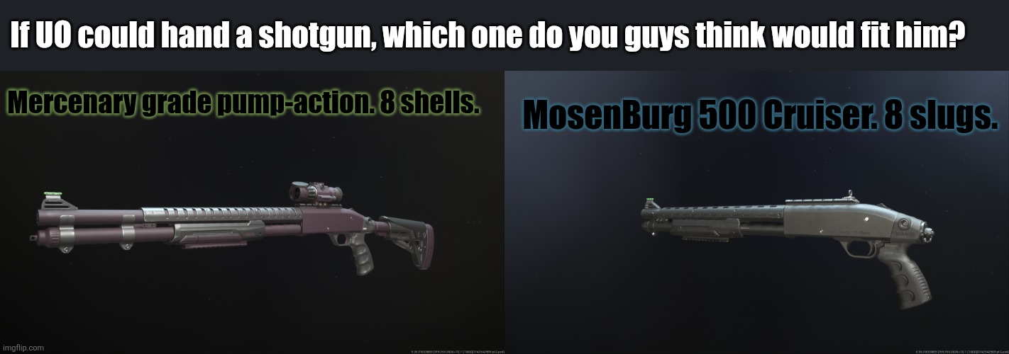 Note that yes, slugs are different than shells, as instead of a spread, it's one chunk of iron. | If UO could hand a shotgun, which one do you guys think would fit him? MosenBurg 500 Cruiser. 8 slugs. Mercenary grade pump-action. 8 shells. | made w/ Imgflip meme maker