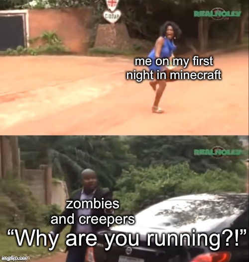 survival instinctn’t | me on my first night in minecraft; zombies and creepers; “Why are you running?!” | image tagged in why are you running,minecraft | made w/ Imgflip meme maker