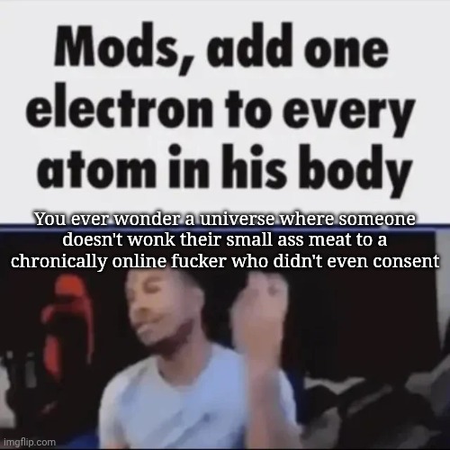 Mods, add one electron to every atom in his body | You ever wonder a universe where someone doesn't wonk their small ass meat to a chronically online fucker who didn't even consent | image tagged in mods add one electron to every atom in his body | made w/ Imgflip meme maker