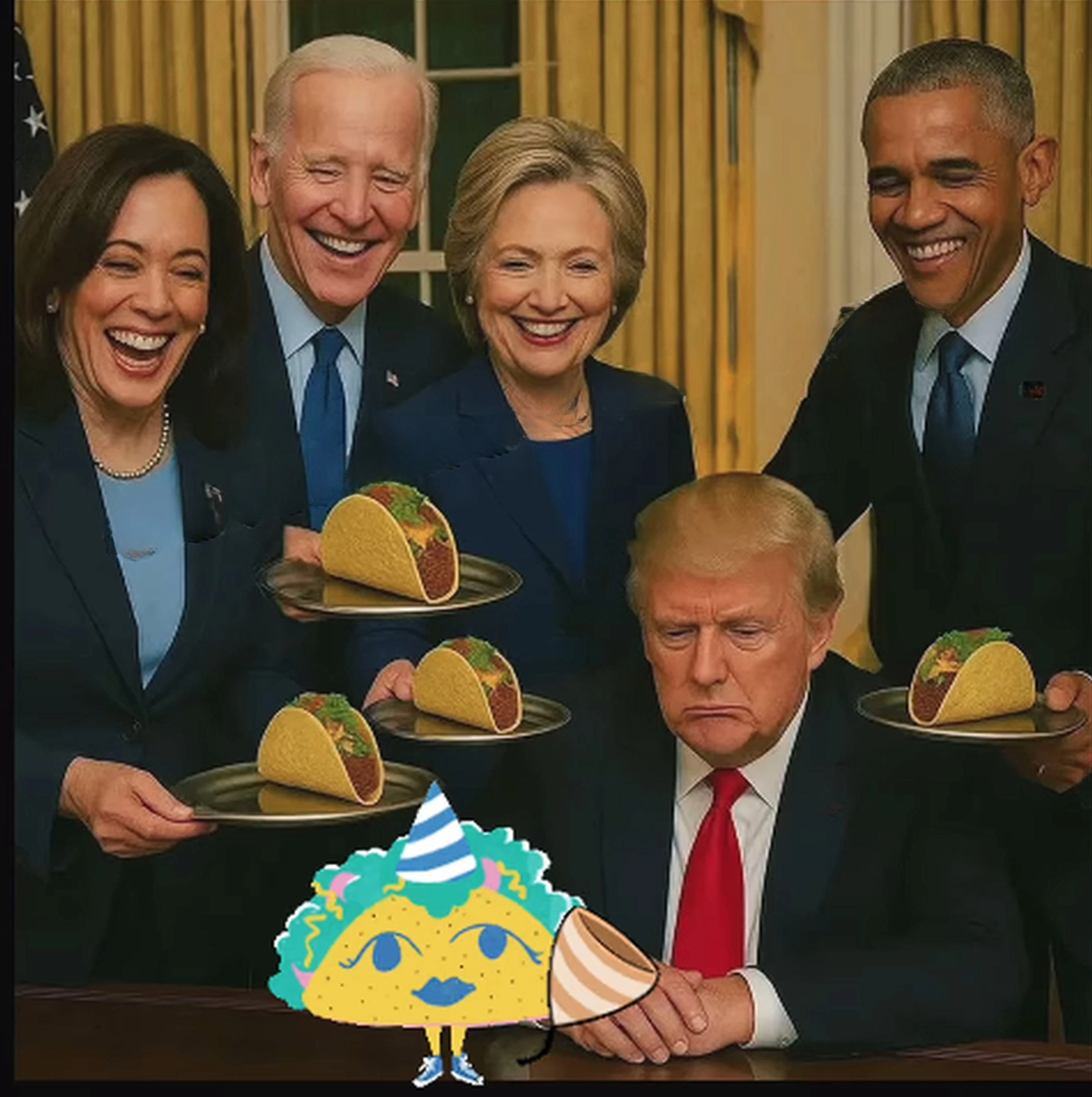 Old Man Trump gets a taco birthday. Harris Clinton Obama Biden Blank Meme Template