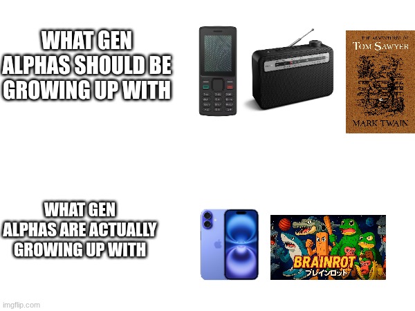 Guys, this is true. Don't neglect the radio. | WHAT GEN ALPHAS SHOULD BE GROWING UP WITH; WHAT GEN ALPHAS ARE ACTUALLY GROWING UP WITH | image tagged in memes | made w/ Imgflip meme maker