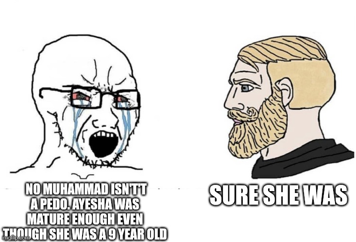 pdf file | SURE SHE WAS; NO MUHAMMAD ISN'T'T A PEDO. AYESHA WAS MATURE ENOUGH EVEN THOUGH SHE WAS A 9 YEAR OLD | image tagged in soyboy vs yes chad,muhammad,islam | made w/ Imgflip meme maker
