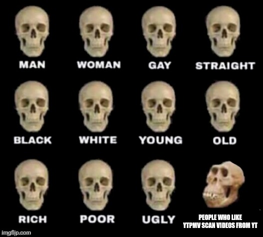 YTPMV Scan People Be Like: | PEOPLE WHO LIKE YTPMV SCAN VIDEOS FROM YT | image tagged in idiot skull,memes,skeleton,skull,funny | made w/ Imgflip meme maker