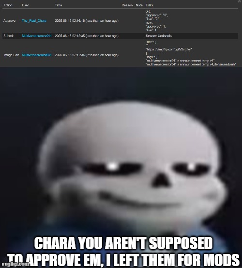 bruh | CHARA YOU AREN'T SUPPOSED TO APPROVE EM, I LEFT THEM FOR MODS | image tagged in sans undertale,bruh,why,never mind | made w/ Imgflip meme maker