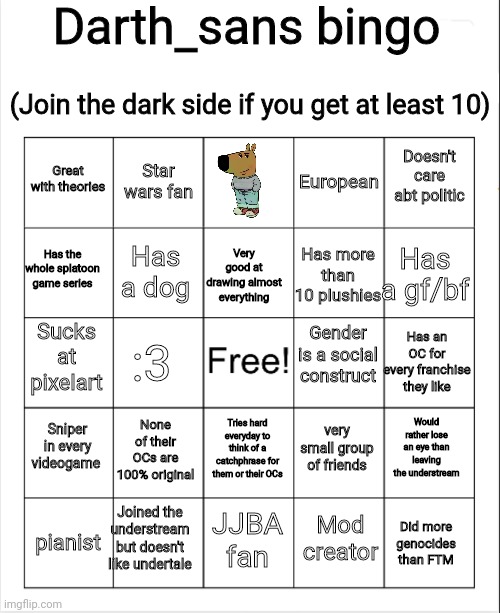 *Darth* sans of topic | Darth_sans bingo; (Join the dark side if you get at least 10); Doesn't care abt politic; Star wars fan; Great with theories; European; Has the whole splatoon game series; Has a gf/bf; Has a dog; Very good at drawing almost everything; Has more than 10 plushies; Gender is a social construct; Sucks at pixelart; Has an OC for every franchise they like; :3; Sniper in every videogame; None of their OCs are 100% original; Would rather lose an eye than leaving the understream; very small group of friends; Tries hard everyday to think of a catchphrase for them or their OCs; Joined the understream but doesn't like undertale; JJBA fan; Did more genocides than FTM; pianist; Mod creator | image tagged in blank bingo | made w/ Imgflip meme maker