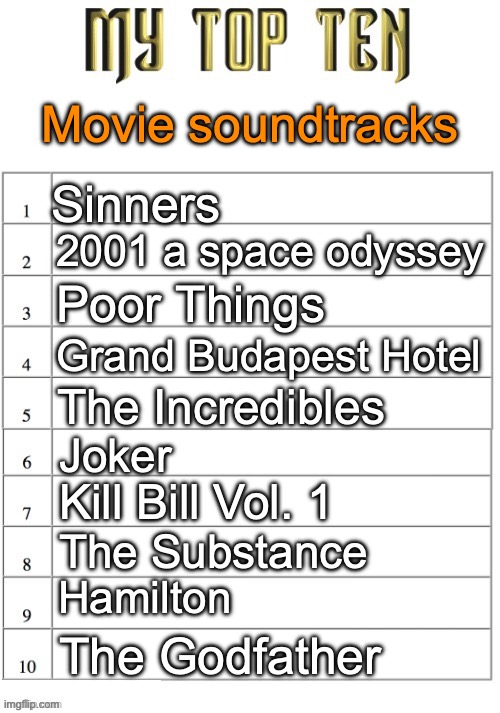 Might have some hot takes | Movie soundtracks; Sinners; 2001 a space odyssey; Poor Things; Grand Budapest Hotel; The Incredibles; Joker; Kill Bill Vol. 1; The Substance; Hamilton; The Godfather | image tagged in top ten list better | made w/ Imgflip meme maker